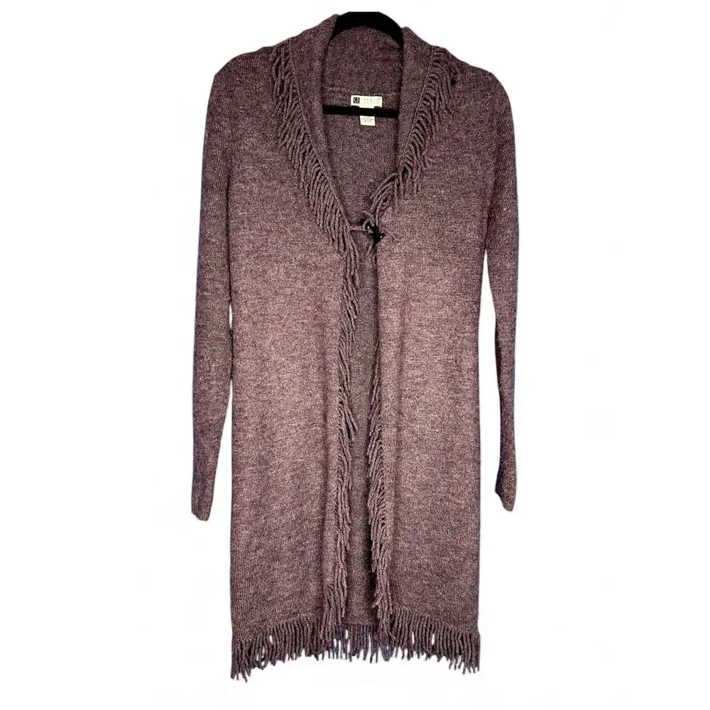 Women's Wool Blend Long Tunic Cardigan Open Front Sweater Fringe Plum Warm Sz S